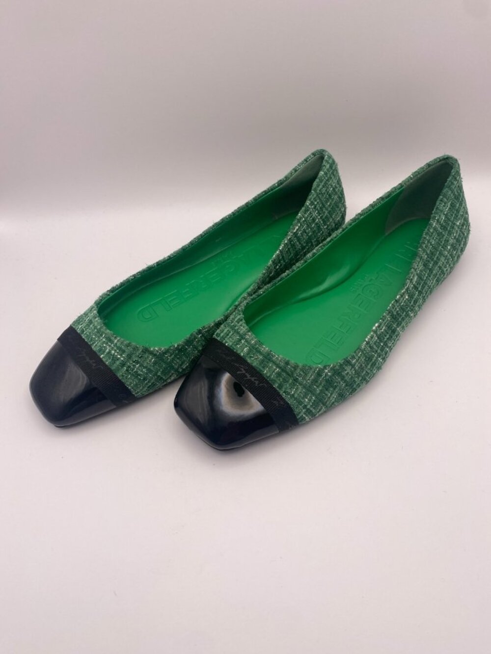 Karl Lagerfeld Women's Green Zofia Cap Toe Tweed Flat Sz 8.5